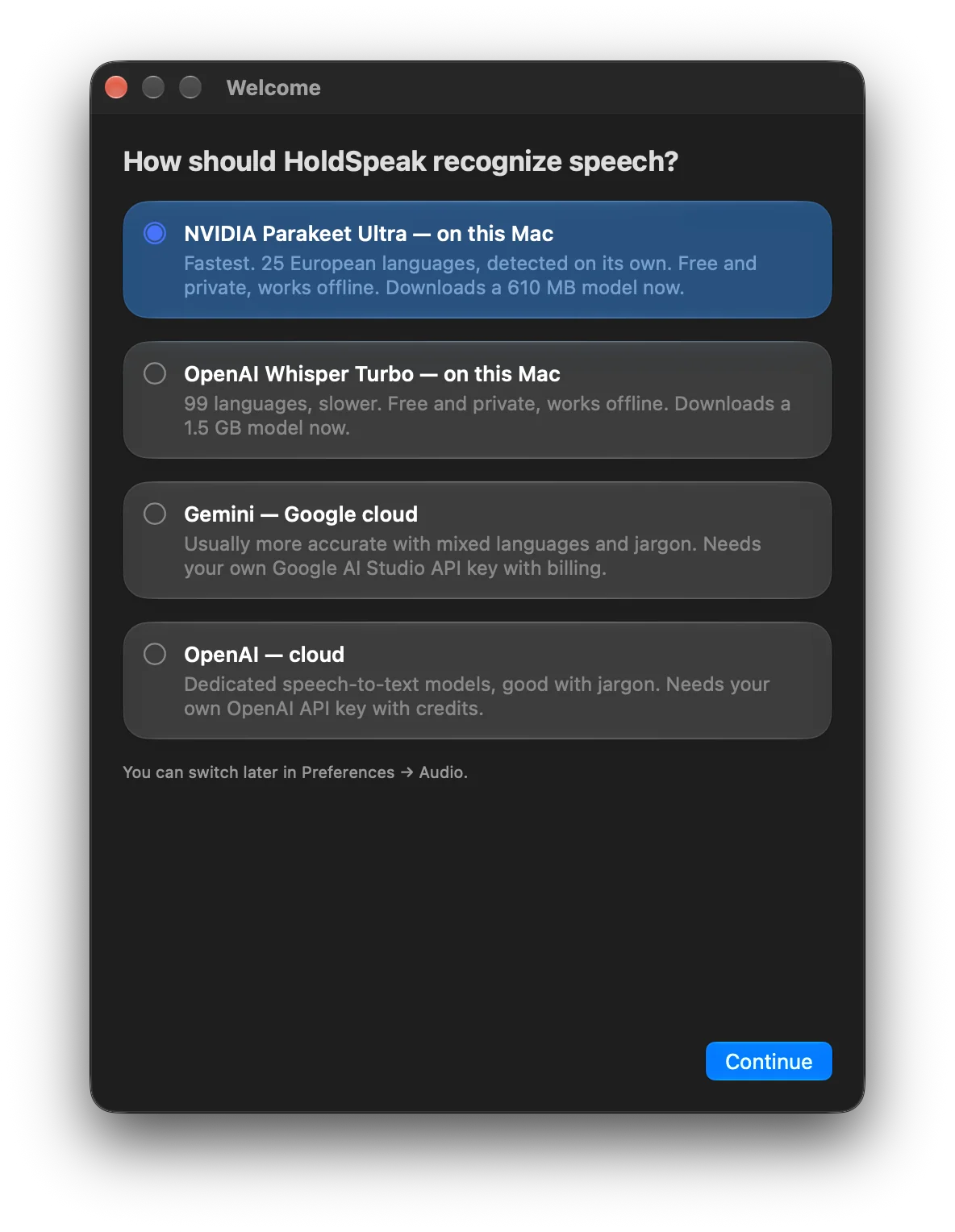 Onboarding · choose NVIDIA Parakeet Ultra, OpenAI Whisper Turbo, Gemini or OpenAI