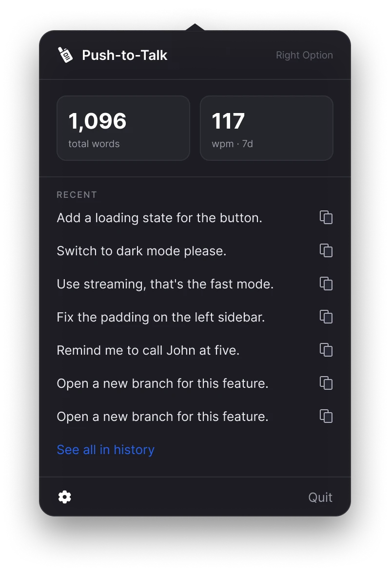 Hold Speak menu bar popover
