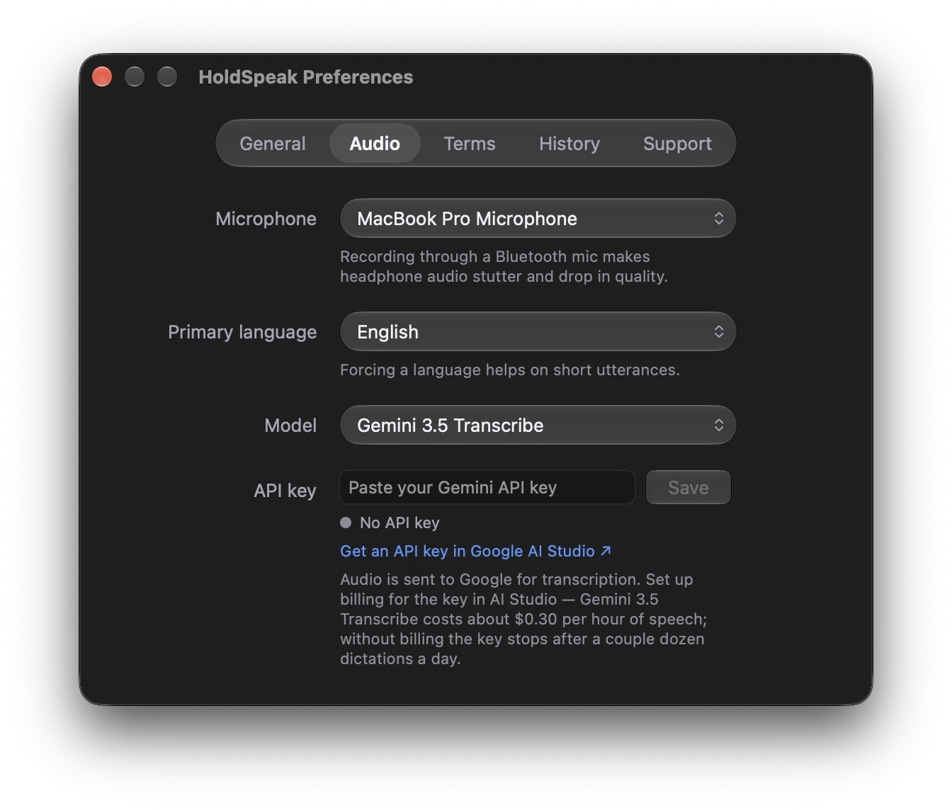 Preferences · Audio with Gemini selected