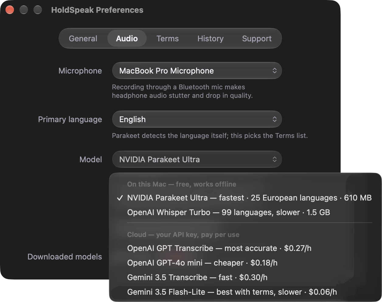 Preferences · Audio · Model list